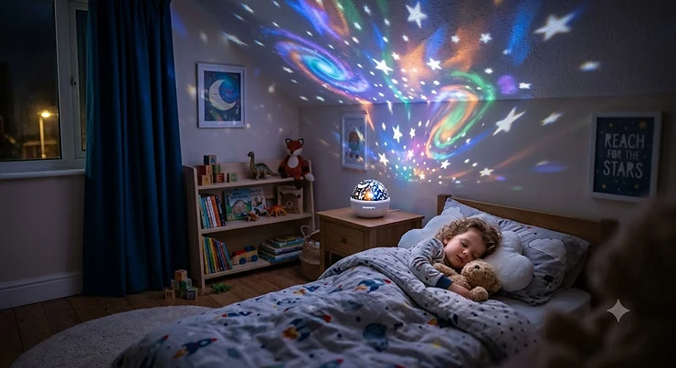 Star projector night light illuminating a cosy children's bedroom with colourful starry galaxy patterns on the ceiling.