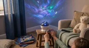 Star projector night light with auto timer setting placed in a cosy reading nook for children.