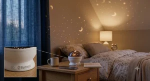 Sleek star projector night light featuring an integrated Bluetooth speaker playing soothing lullabies at bedtime.