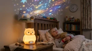 Colourful star projection on a child's bedroom ceiling powered by a night light with built-in timer