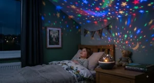 Starry sky projector night light for kids projecting colourful stars onto the bedroom ceiling