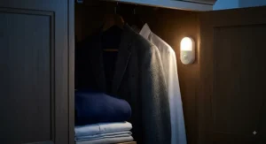 Wireless stick-on motion sensor night light brightening the inside of a dark fitted wardrobe.