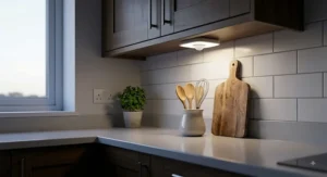 Under-cabinet motion sensor LED light automatically turning on over a kitchen worktop.