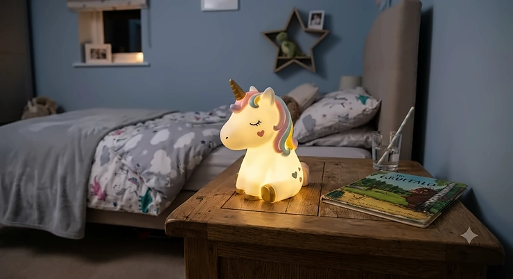 Illuminated unicorn night light emitting a soft warm glow on a wooden bedside table in a child's bedroom.