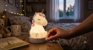 Adjusting the brightness of a cute unicorn night light using the built-in dimmer switch for a cozy ambiance.