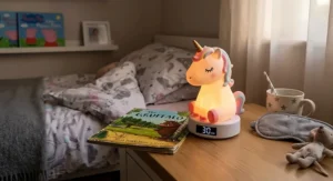 Pink and white unicorn night light set on a bedtime auto-shutoff timer next to a child's storybook.