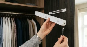 USB-C rechargeable motion sensor wardrobe light unclipping from a magnetic mount for quick charging