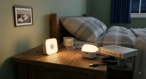 Compact USB rechargeable motion sensor night light resting on a bedside table in a bedroom.
