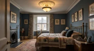 Cosy Victorian terrace bedroom illuminated by a flush-mount ceiling light with remote control set to a warm glow.