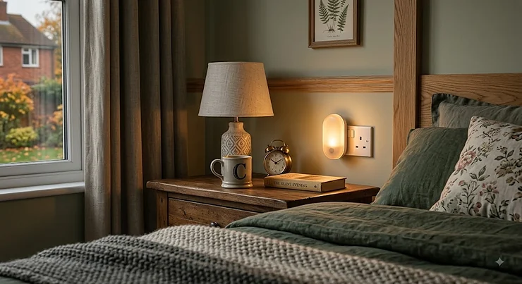 A soft warm glow plug-in night light for adults illuminated next to a cosy British bedroom bedside table.