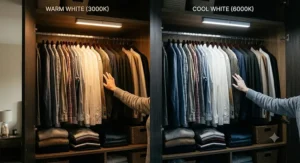Comparison of warm white and cool white colour temperatures on a motion sensor wardrobe light