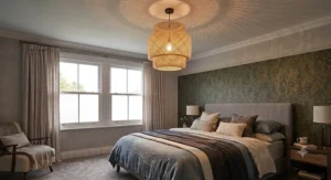 Boho style woven rattan pendant ceiling light for bedroom creating warm ambient shadows