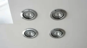 Polished chrome 4 pack kitchen downlights reflecting natural daylight in a newly refurbished home