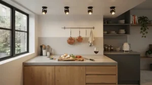 Compact 4 pack kitchen downlights perfectly spaced to brighten up a small city flat kitchen space