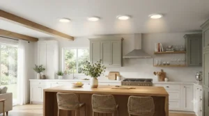 IP65-rated 4 pack kitchen downlights fitted securely in a contemporary apartment ceiling above a busy food preparation area
