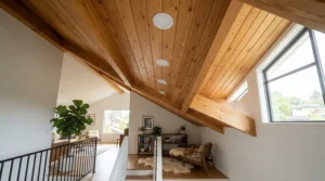 Adjustable 4 pack kitchen downlights fitted neatly into an angled vaulted ceiling extension