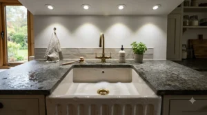 Bright LED 4 pack kitchen downlights providing optimal task lighting above a Belfast sink and worktops