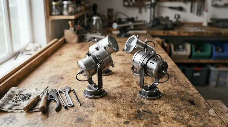 An overhead view of a 4 pack kitchen downlights set neatly packaged alongside installation tools on a wooden worktop