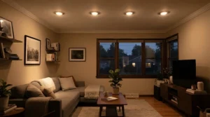 Warm white 4 pack kitchen downlights creating a cosy ambience in a terraced house kitchen during evening hours