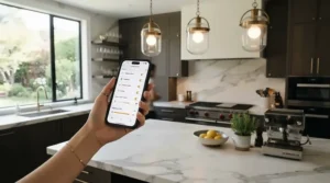 Smartphone adjusting smart LED strip lights kitchen fitted beneath a waterfall quartz kitchen island base