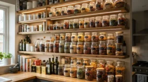 Battery operated under cabinet lighting illuminating shelves in a walk-in larder