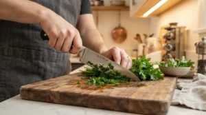 Bright task worktop lighting providing clear visibility for chopping herbs and slicing vegetables at night