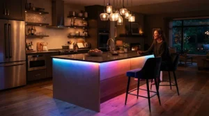 Vibrant colour changing smart LED strip lights kitchen accenting a contemporary breakfast bar during an evening gathering