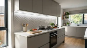 Crisp cool white under cabinet lights kitchen setup brightening a contemporary grey interior