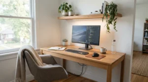 Cordless rechargeable under cabinet light mounted above a home office desk setup