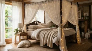 Cozy fairy lights for bedroom canopy bed with soft draped cotton fabric