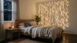 Aesthetic curtain fairy lights creating a warm ambiance in a stylish small bedroom