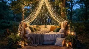 Dreamy curtain fairy lights styled as an overhead canopy in a child's bedroom
