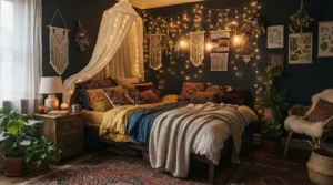 Warm curtain fairy lights glowing behind a cosy boho style bedroom headboard