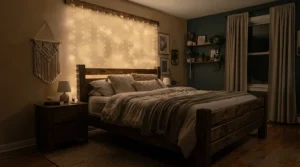 Delicate curtain fairy lights framing a wooden headboard in a contemporary bedroom