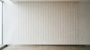 Modern minimalist curtain fairy lights hung cleanly on a neutral bedroom wall