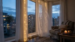 Curtain fairy lights layered over sheer window dressings in a bright bedroom