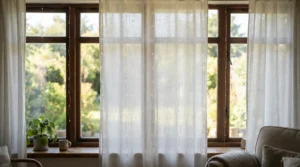 Curtain fairy lights for bedroom window creating a magical evening ambience