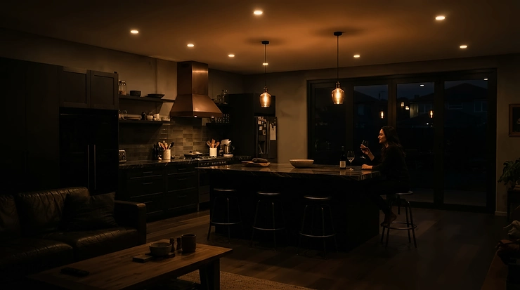 Low setting dimmable kitchen spotlights providing subtle mood lighting at night