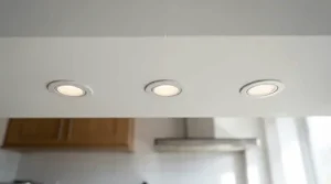 CCT dimmable kitchen spotlights flush-fitted into a white plasterboard ceiling