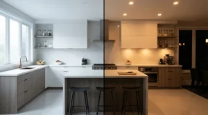 Colour temperature adjustable dimmable kitchen spotlights shifting from cool to warm white