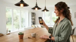 Smart app controlling dimmable kitchen spotlights during evening meal preparation