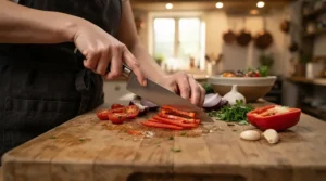 Bright dimmable kitchen spotlights illuminating chopping boards for meal prep