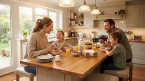 Tunable dimmable kitchen spotlights shining over a busy family breakfast bar