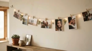 Fairy lights for bedroom featuring attached polaroid photos strung across a neutral painted wall