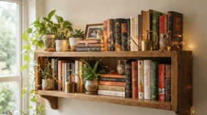 Subtle fairy lights for bedroom woven among books and houseplants on a floating wooden shelf