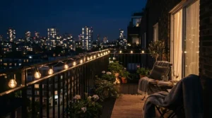 Weatherproof fairy lights with remote glowing on an urban flat balcony