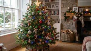 Multicoloured fairy lights with remote wrapped around a festive Christmas tree