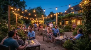 Outdoor fairy lights with remote lighting up a British garden patio at dusk