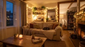 Warm glowing fairy lights with remote illuminating a cosy British living room