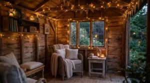 Battery powered fairy lights with remote decorating a wooden summer house